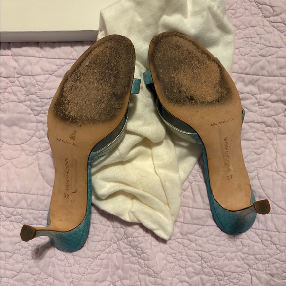 Manolo Blahnik Blue Satin Heels with Gem Detail - Picture 4 of 7